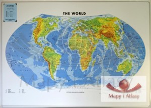 Świat 1:36 400 000. Mapa świata fizyczna, plastyczna (trójwymiarowa). Rama aluminiowa